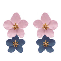 Double Metal Flower Dangle Drop Post Earrings, 1.5" (Light Pink/Slate Blue)