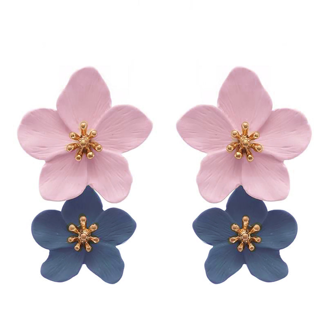 Double Metal Flower Dangle Drop Post Earrings, 1.5" (Light Pink/Slate Blue)