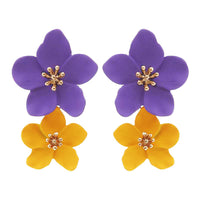 Double Metal Flower Dangle Drop Post Earrings, 1.5" (Violet Purple/Orange)