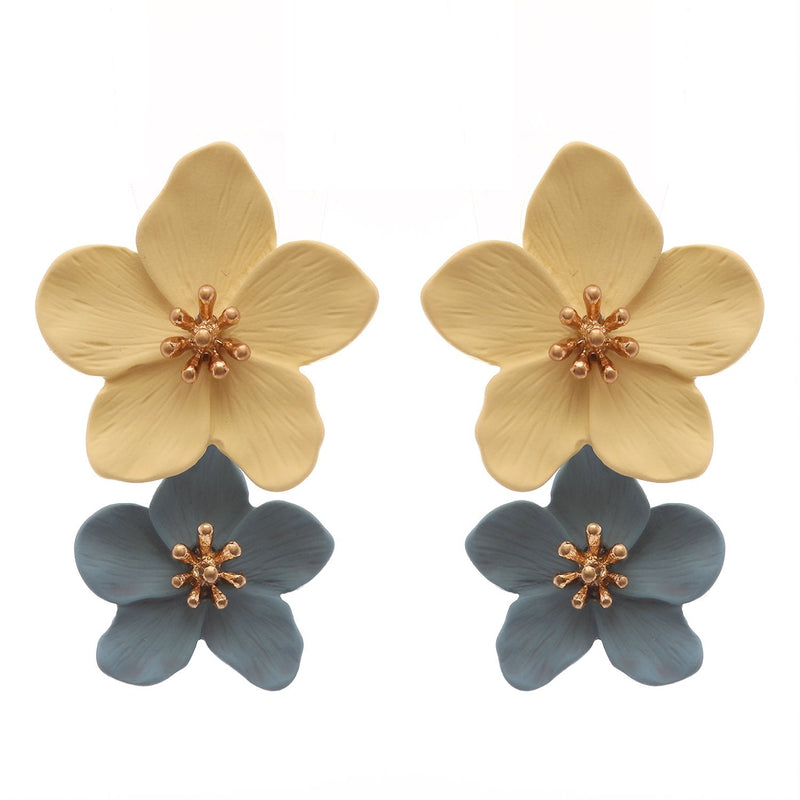 Double Metal Flower Dangle Drop Statement Post Earrings (Blue/Yellow)