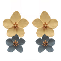 Double Metal Flower Dangle Drop Statement Post Earrings (Blue/Yellow)