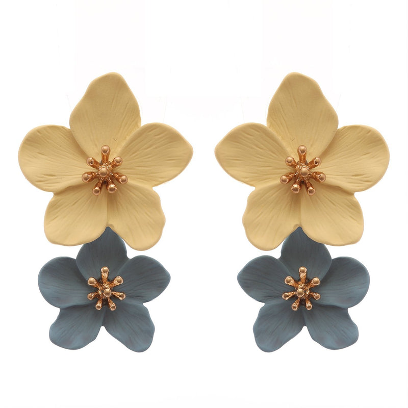 Double Metal Flower Dangle Drop Statement Post Earrings (Blue/Yellow)