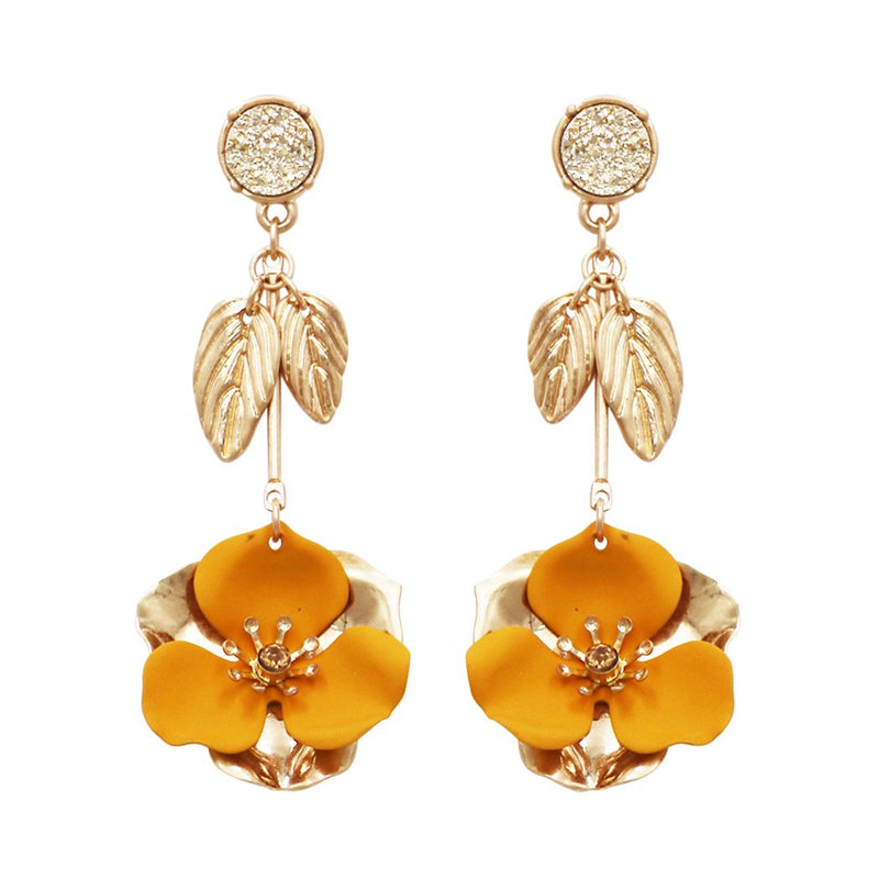 Druzy Stone and Dangle Bar Flower Drop Earrings (Gold)