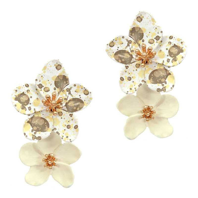 Double Metal Designed Flower Dangle Drop Statement Post Earrings, 1.5" Ivory With Gold Yellow And Tan Flecks