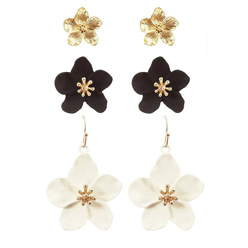Women's Trending Floral 3 Pairs of Statement Metal Flower Dangle Drop Post Earrings