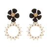 Stunning Simulated Pearl Hoops With 3D Color Coated Metal Flower Earrings, 1.75 (Black Flower)