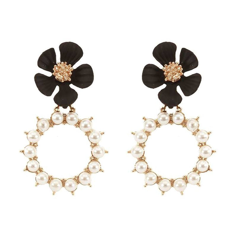 Stunning Simulated Pearl Hoops With 3D Color Coated Metal Flower Earrings, 1.75 (Black Flower)