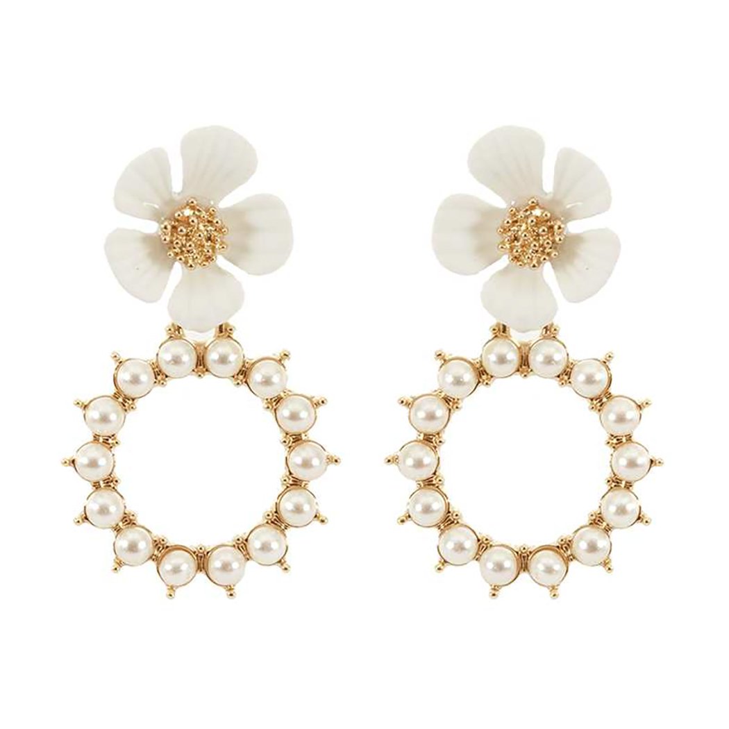 Stunning Simulated Pearl Hoops With 3D Color Coated Metal Flower Earrings, 1.75 (White Flower)