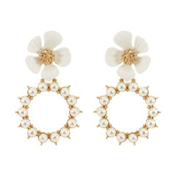 Stunning Simulated Pearl Hoops With 3D Color Coated Metal Flower Earrings, 1.75 (White Flower)