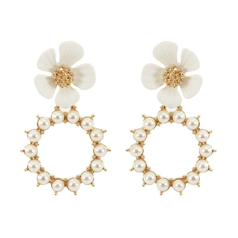 Stunning Simulated Pearl Hoops With 3D Color Coated Metal Flower Earrings, 1.75 (White Flower)