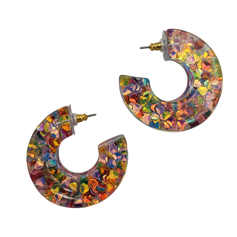 Colorful Glitter Confetti Filled Chunky Resin Hoop Hypoallergenic Post Back Earrings, 1.5"