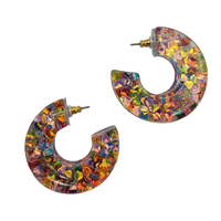 Colorful Glitter Confetti Filled Chunky Resin Hoop Hypoallergenic Post Back Earrings, 1.5"