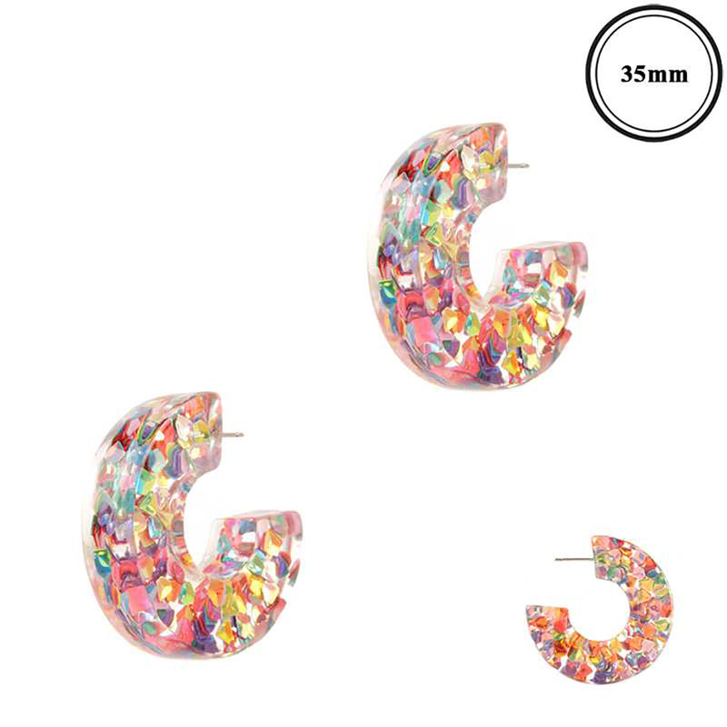 Colorful Glitter Confetti Filled Chunky Resin Hoop Hypoallergenic Post Back Earrings, 1.5"