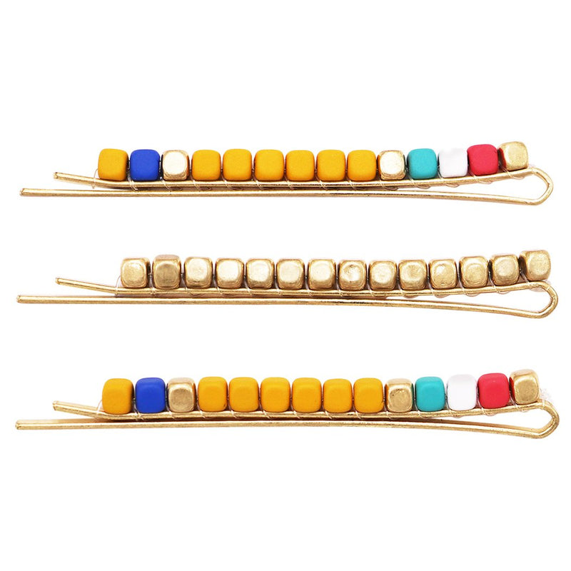 Set of 3 Beaded Hair Clip Bobby Pins Hair Barrette Accessories (Yellow/Blue/Red)