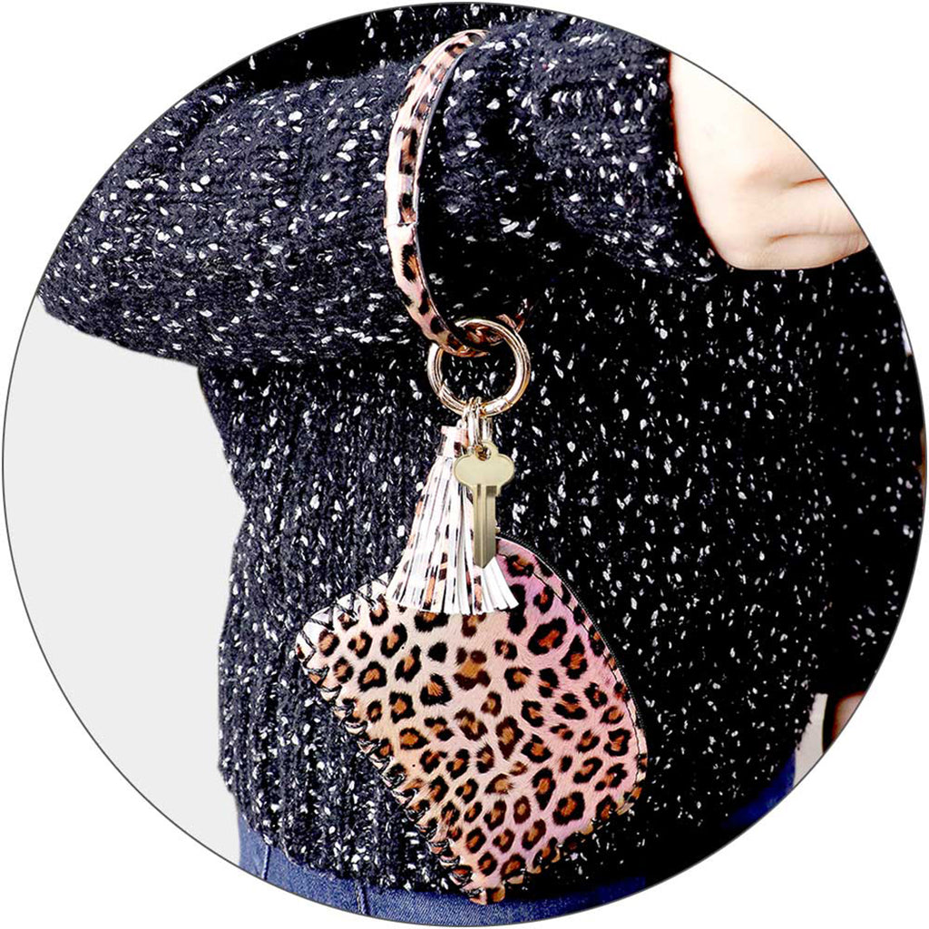 Women's Trendy Bangle Bracelet with Clutch Wristlet Tassel Key Chain Ring Clip Holder