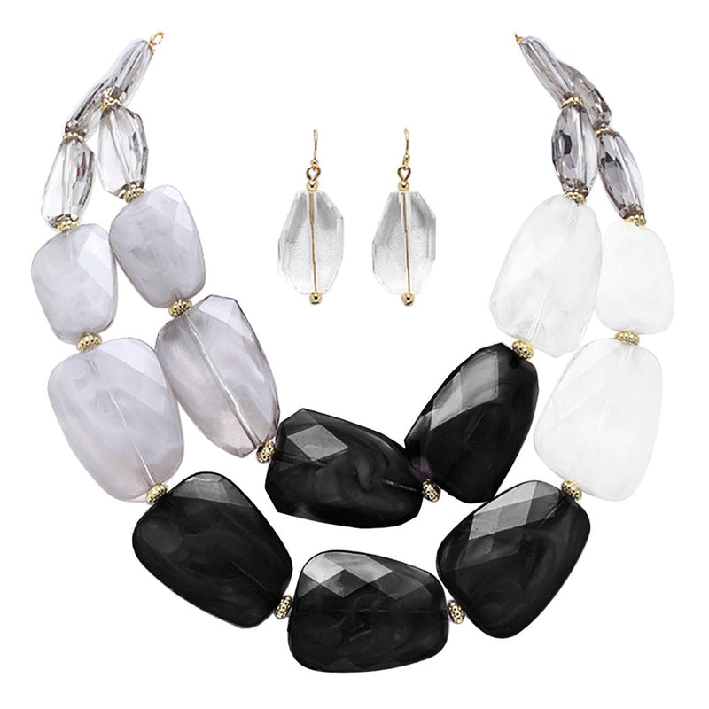 Ombre Polished Resin Statement Black White and Clear Necklace Earring Jewelry Set 16" with 3" Extender