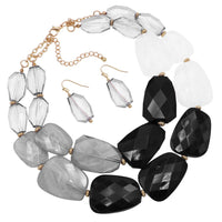 Ombre Polished Resin Statement Black White and Clear Necklace Earring Jewelry Set 16" with 3" Extender