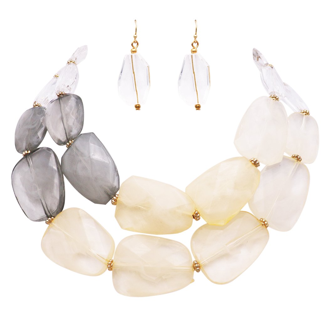 Ombre Polished Resin Statement Necklace Earring Set (Ivory/Gray)