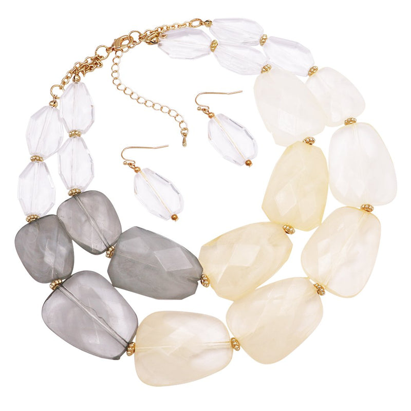 Ombre Polished Resin Statement Necklace Earring Set (Ivory/Gray)