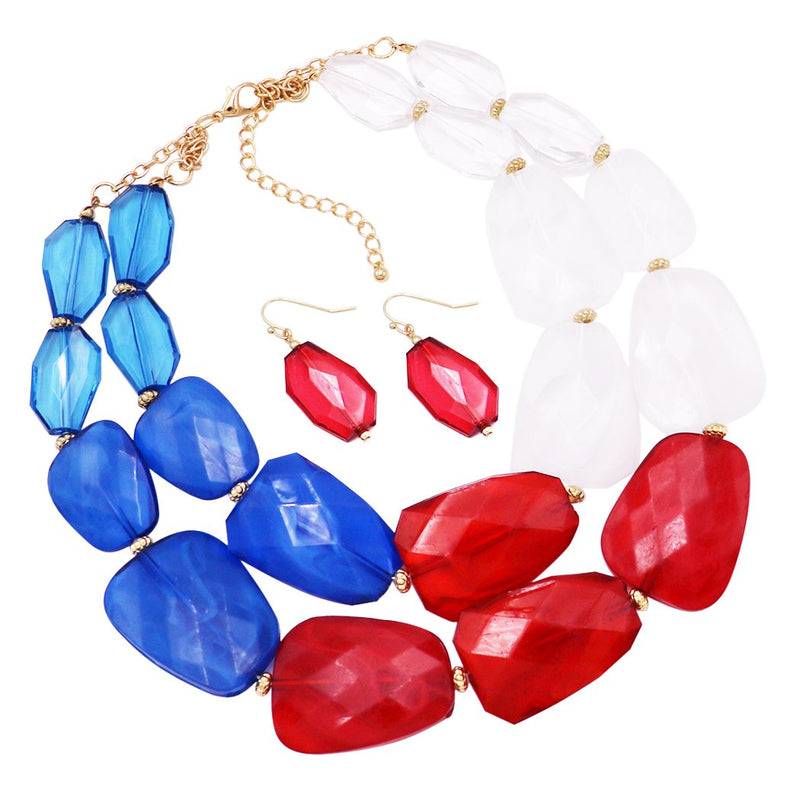 Red White and Blue Ombre Polished Resin Statement Necklace Earring Set (Red White & Blue)