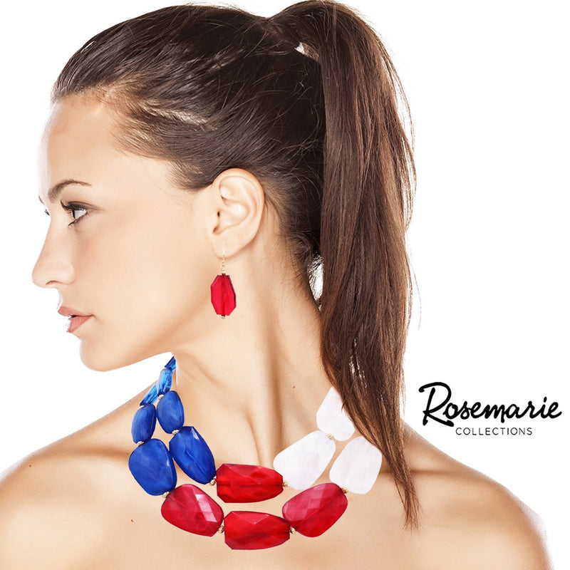 Red White and Blue 4th of July Independence Day Ombre Polished Resin Statement Necklace Earring Set