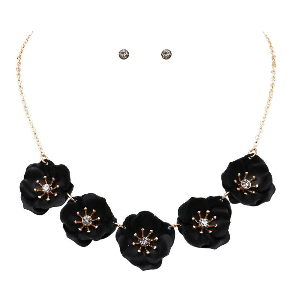 Powder Coated Metal Flower Collar Necklace Earrings Set, 15"-18" with 3" extender (Black)