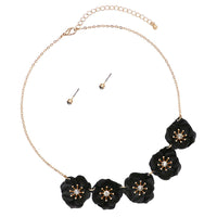 Powder Coated Metal Flower Collar Necklace Earrings Set, 15"-18" with 3" extender (Black)