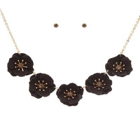 Powder Coated Metal Flower Collar Necklace Earrings Set, 15"-18" with 3" extender (Black)