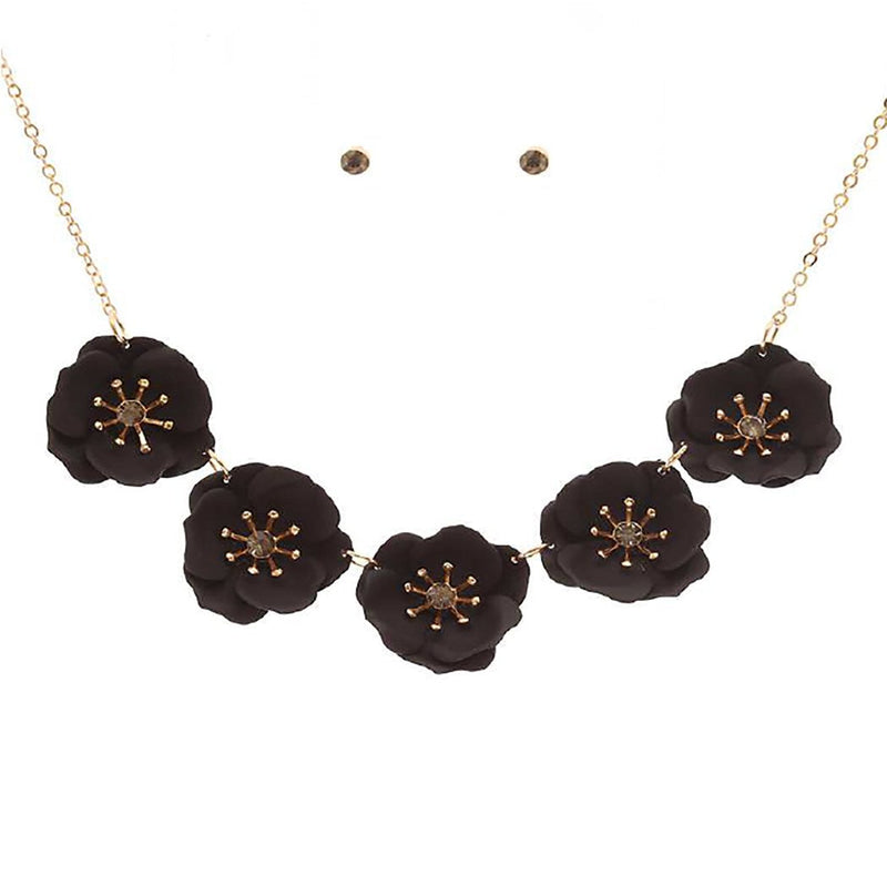 Powder Coated Metal Flower Collar Necklace Earrings Set, 15"-18" with 3" extender (Black)