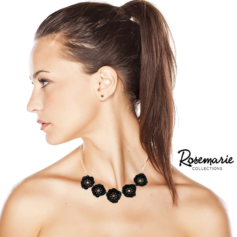 Powder Coated Metal Flower Collar Necklace Earrings Set, 15"-18" with 3" extender (Black)