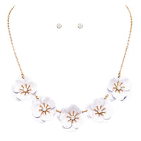 Stunning Powder Coated Metal Flower Collar Necklace And Crystal Stud Earrings Gift Set, 15"+3" Extender (AB Crystal White Flower)