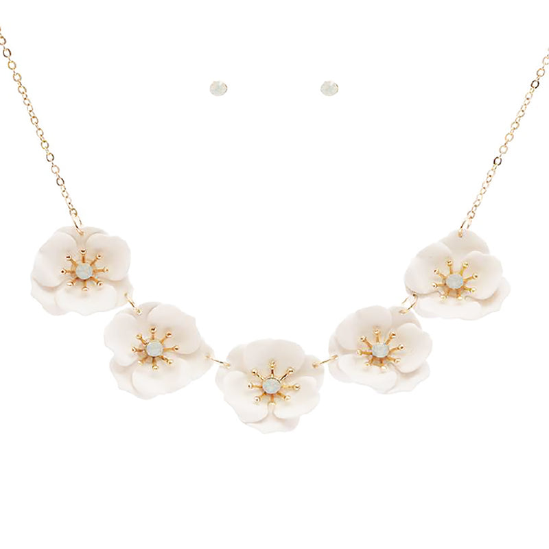 Stunning Powder Coated Metal Flower Collar Necklace And Crystal Stud Earrings Gift Set, 15"+3" Extender (AB Crystal White Flower)