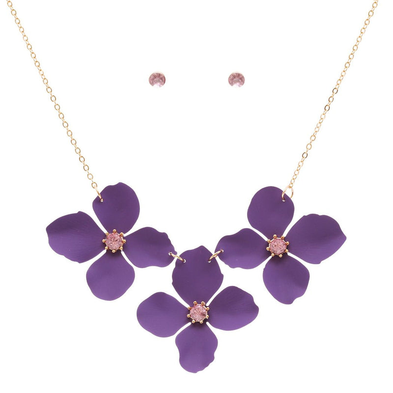 Women's Powder Coated Metal Flower Collar Necklace Earrings Set, 15"-18" with 3" Extender