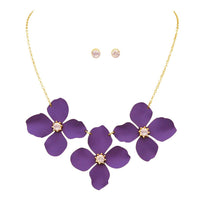 Women's Powder Coated Metal Flower Collar Necklace Earrings Set, 15"-18" with 3" Extender