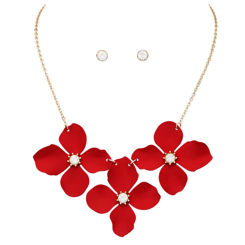 Women's Metal Flower Collar Necklace, 15"-18" with 3" extender (Red)