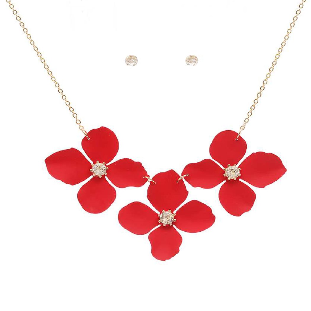Women's Metal Flower Collar Necklace, 15"-18" with 3" extender (Red)