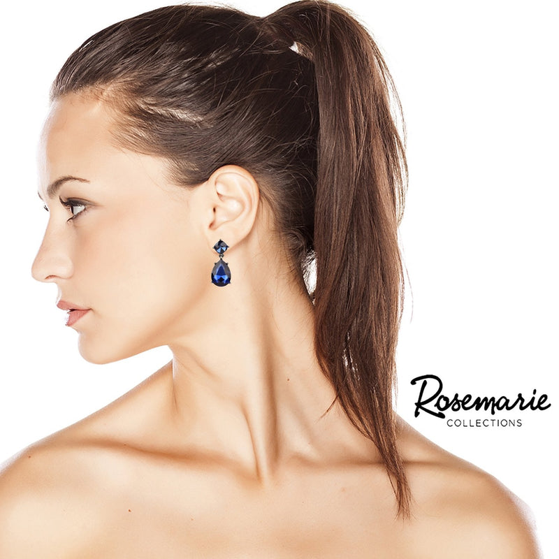 Women's Dark Blue Crystal Teardrop Rhinestone Statement Post Earrings