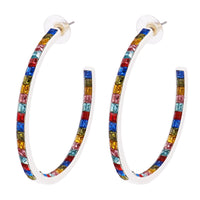 White with Rainbow Crystal Rhinestones Post Back Hoop Earrings 2 inches