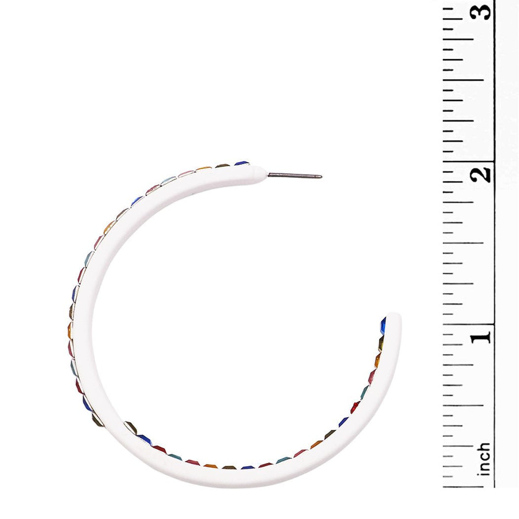 White with Rainbow Crystal Rhinestones Post Back Hoop Earrings 2 inches