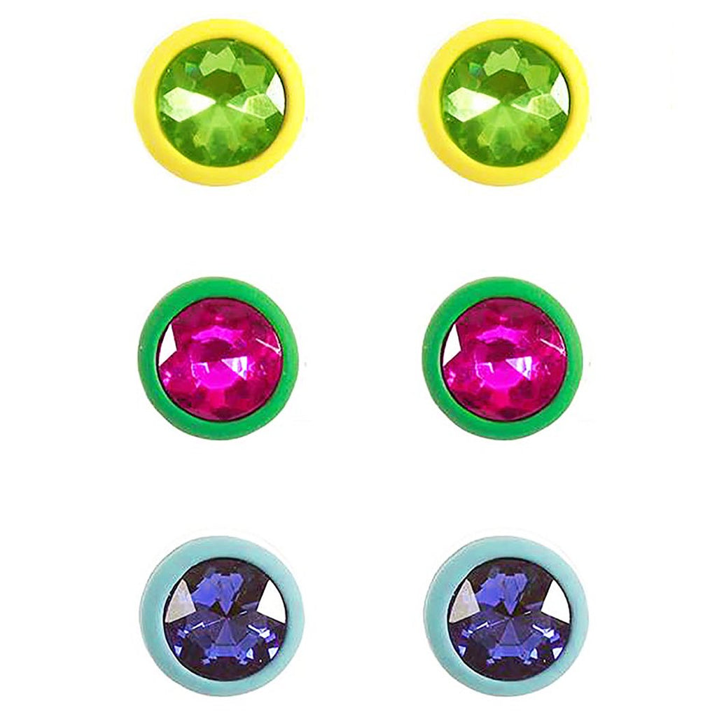 Set of 3 Color Coated Fashion Trending Stud Colorful Crystal Earrings 10mm