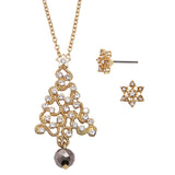 Gold Tone Holiday Christmas Tree with Glass Crystal Rhinestones Charm Pendant Necklace and Earrings Jewelry Set 22 inches