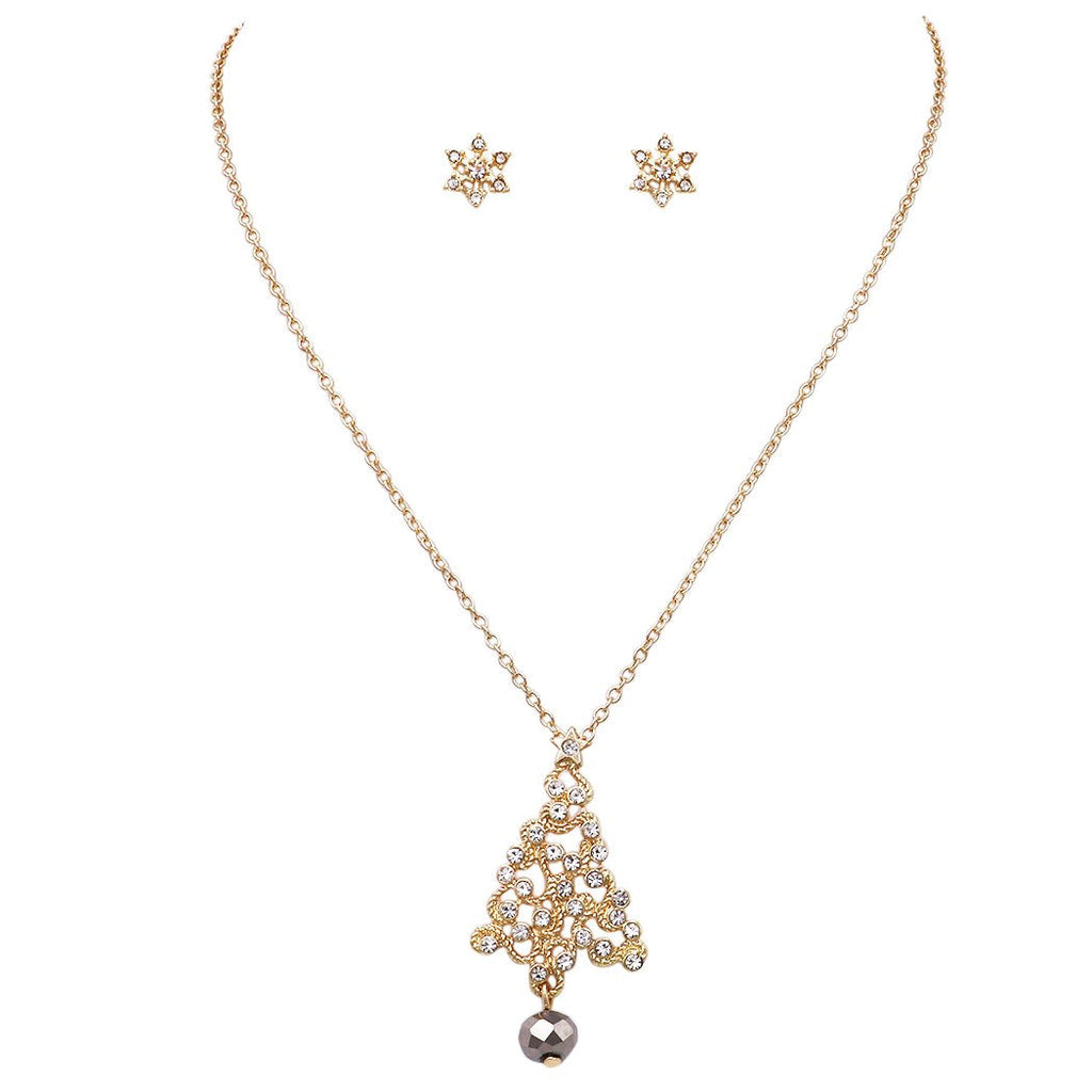 Gold Tone Holiday Christmas Tree with Glass Crystal Rhinestones Charm Pendant Necklace and Earrings Jewelry Set 22 inches