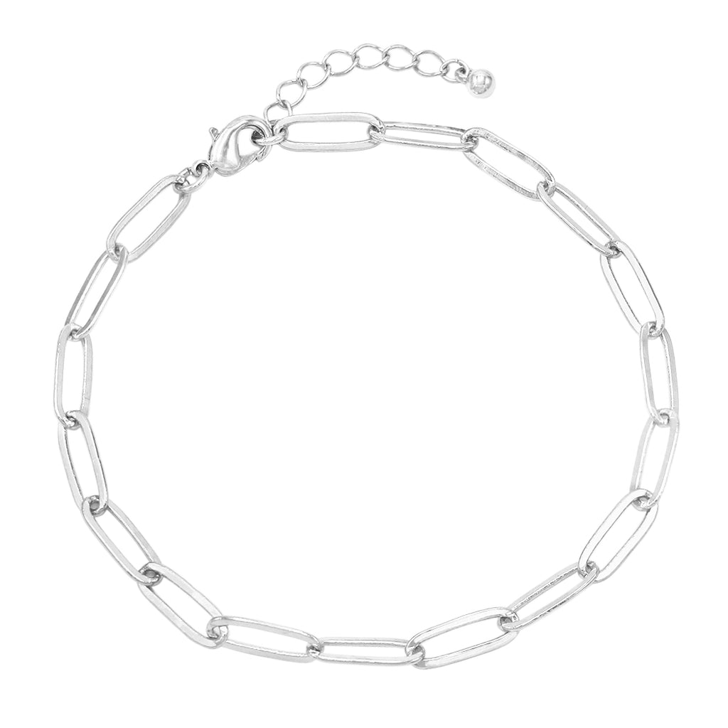 Sleek Polished Oblong Links Chain Ankle Bracelet Anklet, 9.25"+1.5" Extender (Silver Tone)