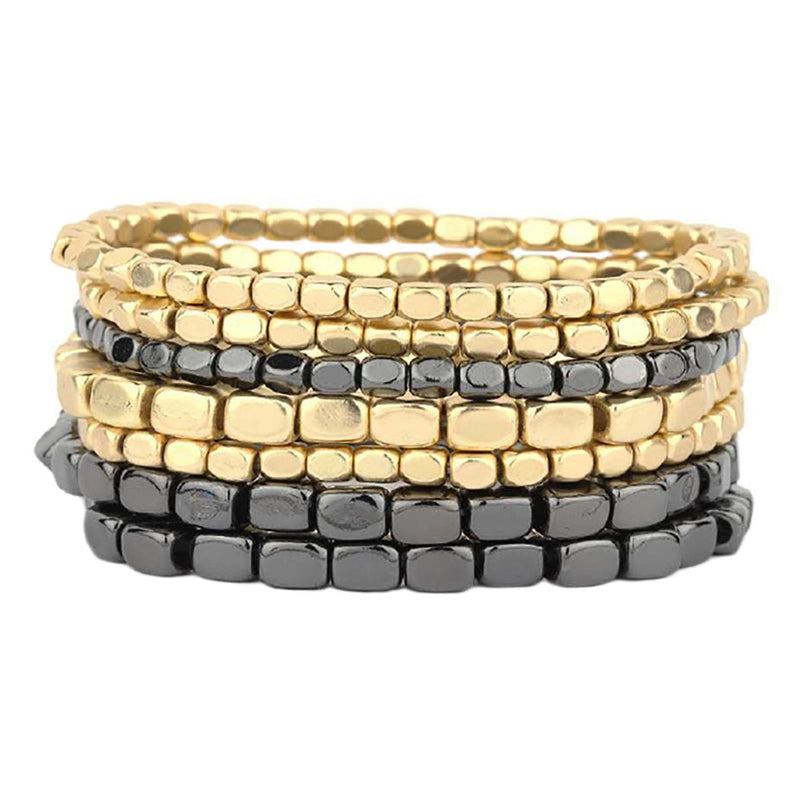 Two Tone Color Stacking Statement Stretch Bracelet Set of 7 (Two Toned-Hematite/Gold)