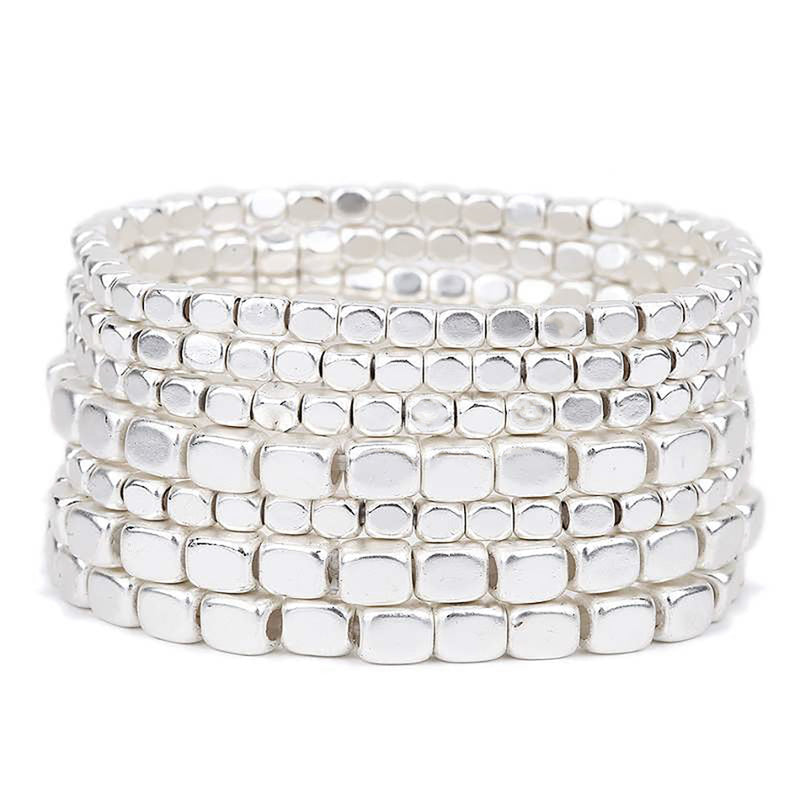 Rosemarie Collections Women's Chunky Nugget Stacking Statement Stretch Bracelet Set of 7 (Matte Silver Tone)