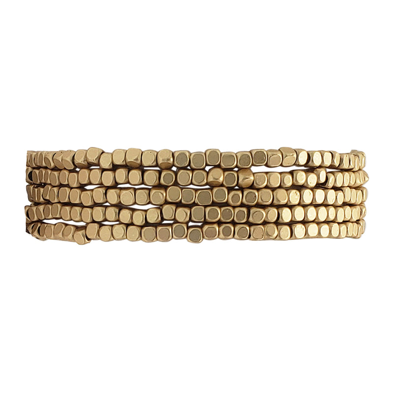 Chic Set Of 5 Seed Bead Nugget Stretch Bracelet, 6.75" (Matte Gold Tone)