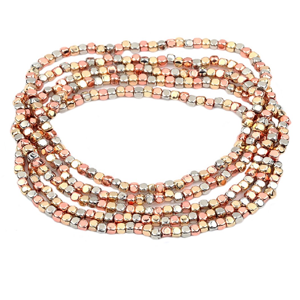 Tri Tone Beaded Stretch Bracelet Set of 5 Rose Gold Gold Silver Tone Rosemarie Collections