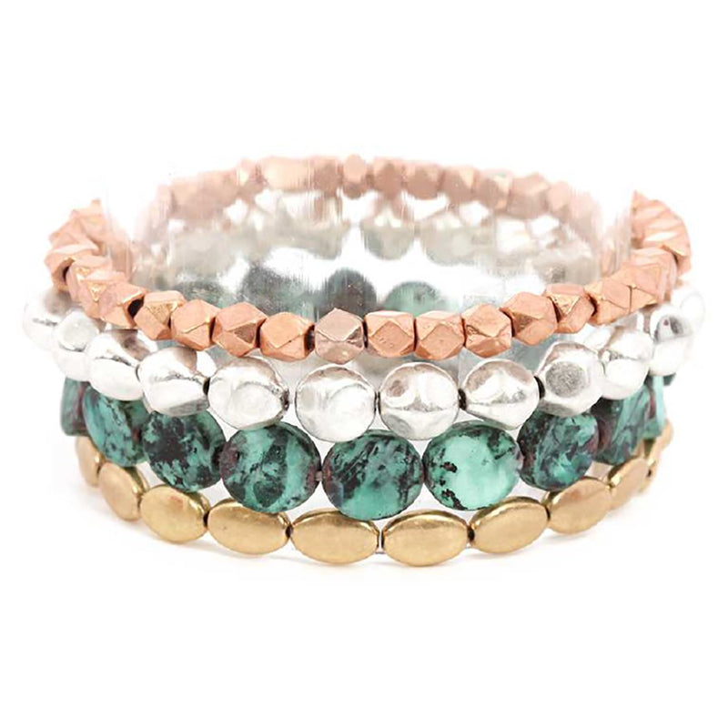 Multi Tone Chunky Beaded Stretch Bracelet Set of 4 (Matte Multi Copper Patina)