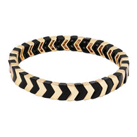 Multi Tone Herringbone Pattern Stretch Bangle Bracelet, 3.5" (Two Tone Black/Gold)