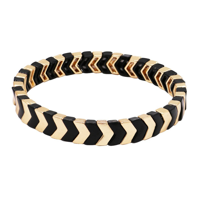 Multi Tone Herringbone Pattern Stretch Bangle Bracelet, 3.5" (Two Tone Black/Gold)
